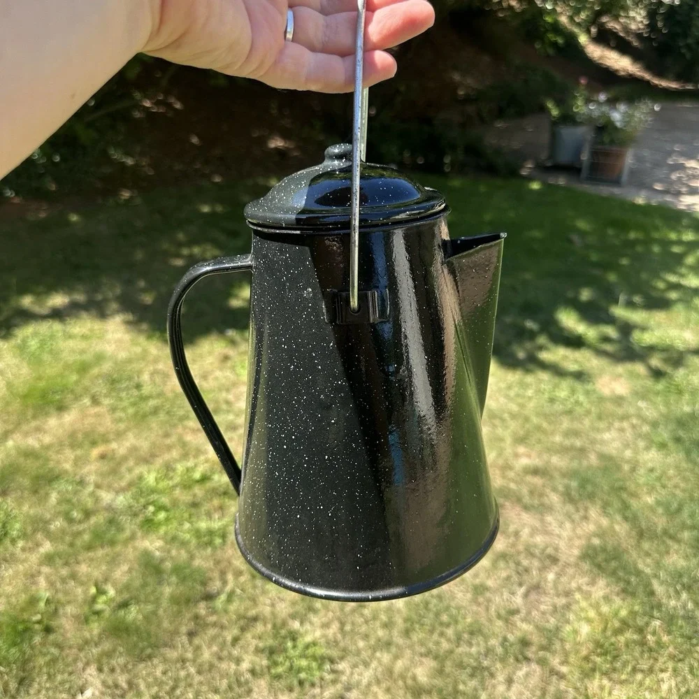 Vintage Black & White Speckled Enamelware Percolator Camping Cowboy Coffee Pot